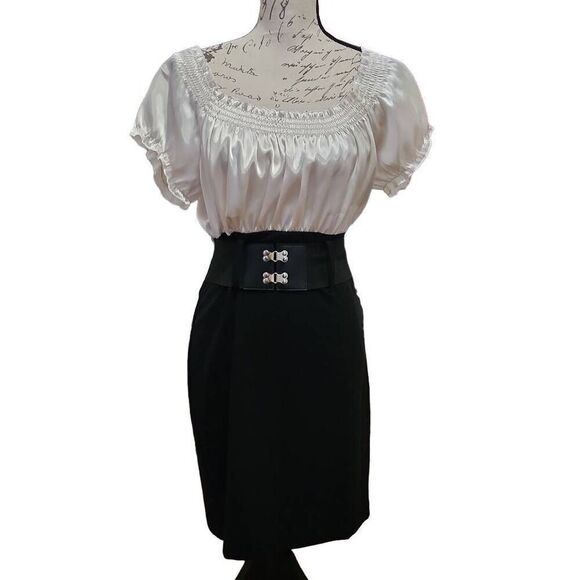 City Triangles Size 10P White Satin Top Black Skirt Dress Waist Flattering Belt - Picture 1 of 7